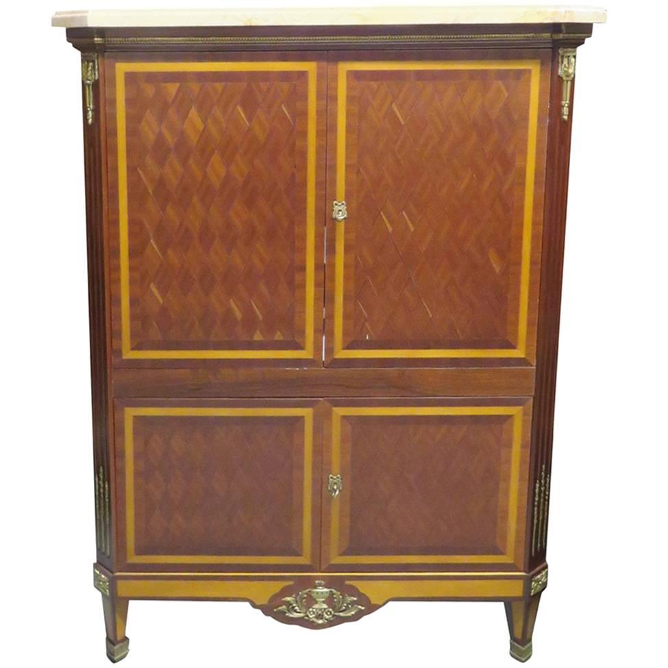 Louis XVI Style Marble-Top Parquetry Inlaid Two-Door Cabinet
