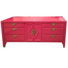 Lacquered Pink Dresser Credenza Sideboard Buffet Brass Hollywood Regency Vintage