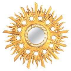 Unusual Baroque Style Silvered and Giltwood Sunburst Mirror, Spain, 1940s 5