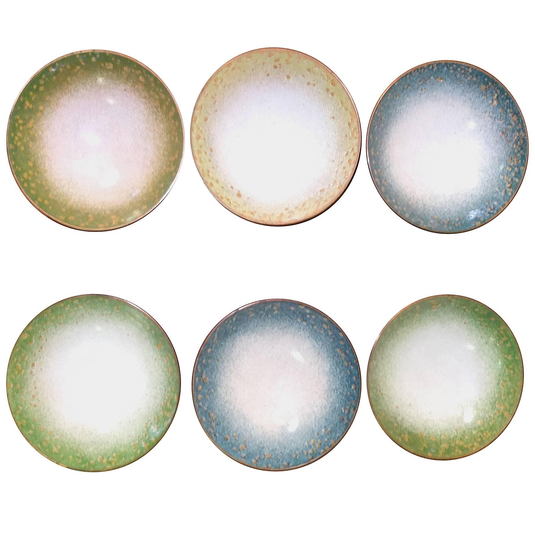 Set of Six Italian Enameled Copper Pin Dishes For Sale