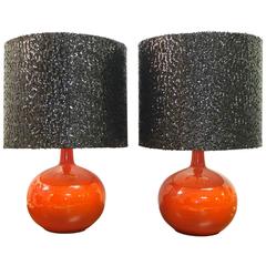 Pair of 1960s Orange Glazed Ceramic Table Lamps