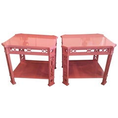 Pair of Coral Pink End Side Tables Lacquered Fretwork Fret Chinese Chippendale