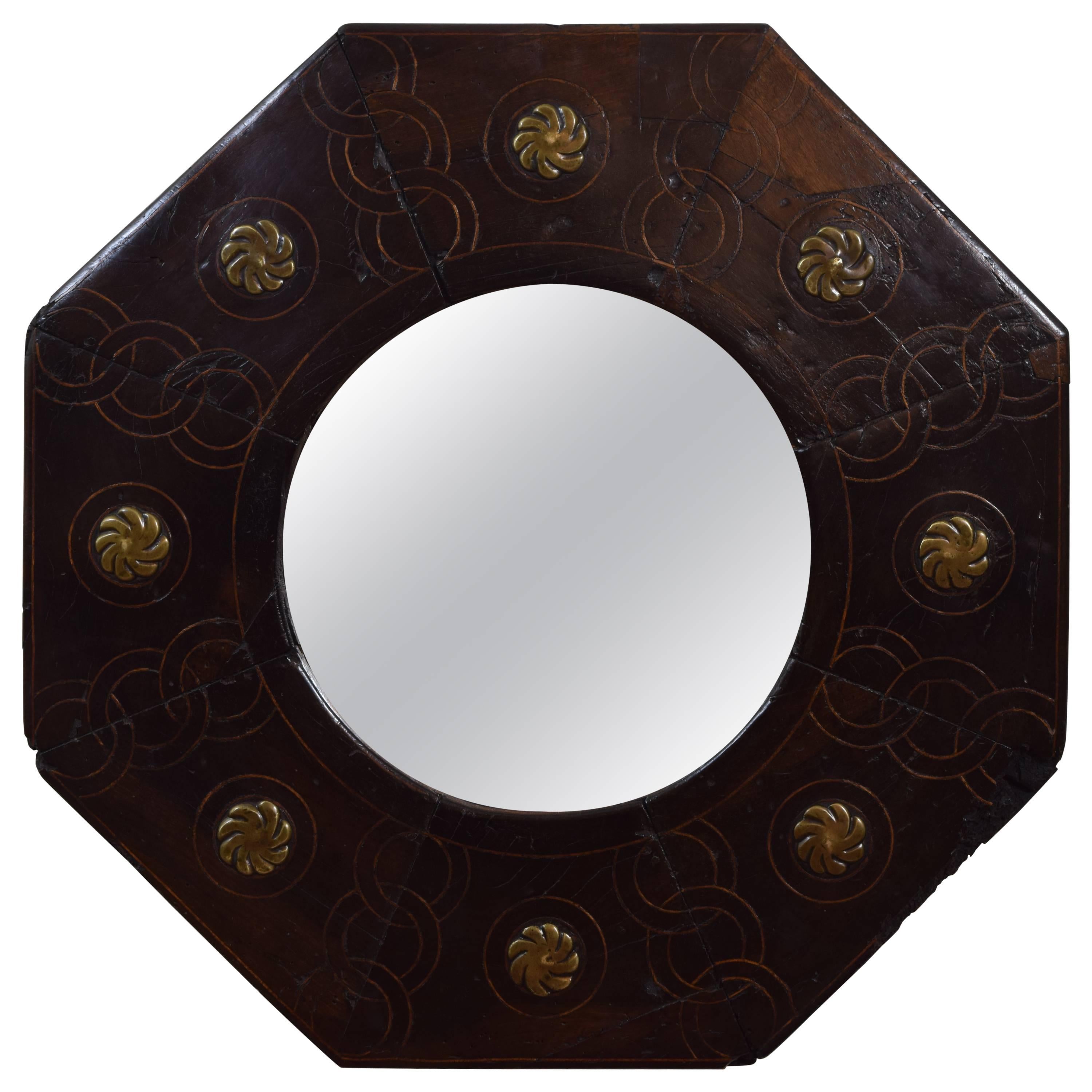 Spanish Late Baroque Walnut, Inlaid and Brass Mounted Octagonal Mirror