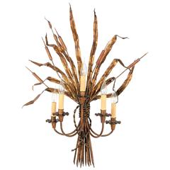 Huge Maison Baguès Five-Light Gilt Iron Reeds Tole Sconce, France, 1950s 7
