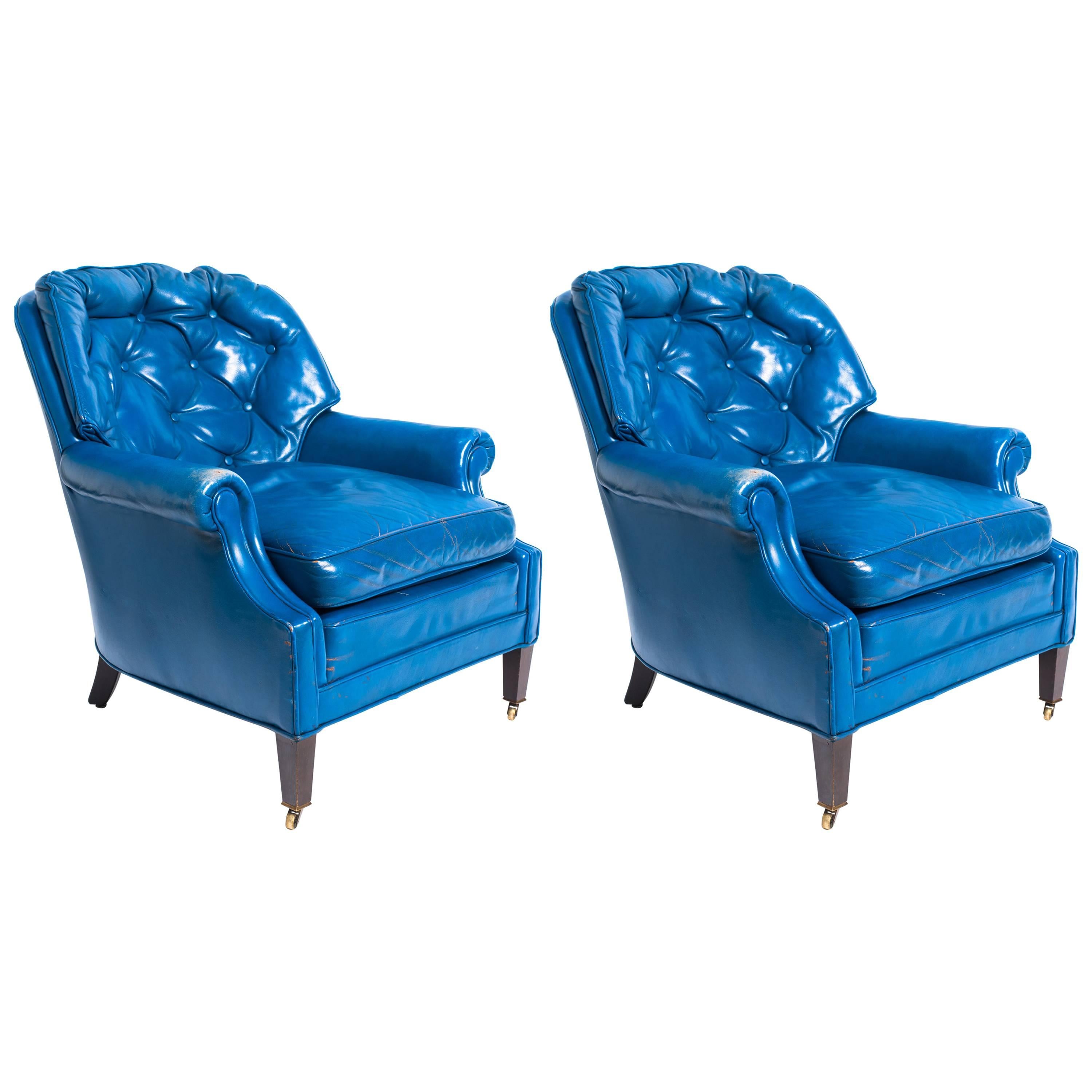 Pair of Distressed Blue Leather Lounge Chair with Ottoman
