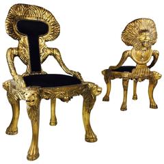 Pair of Bronze/Gold Lion Motif Throne Chairs