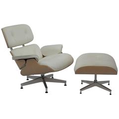 Eames Lounge Chair and Ottoman 670/671 in White Ash and Ivory Leather
