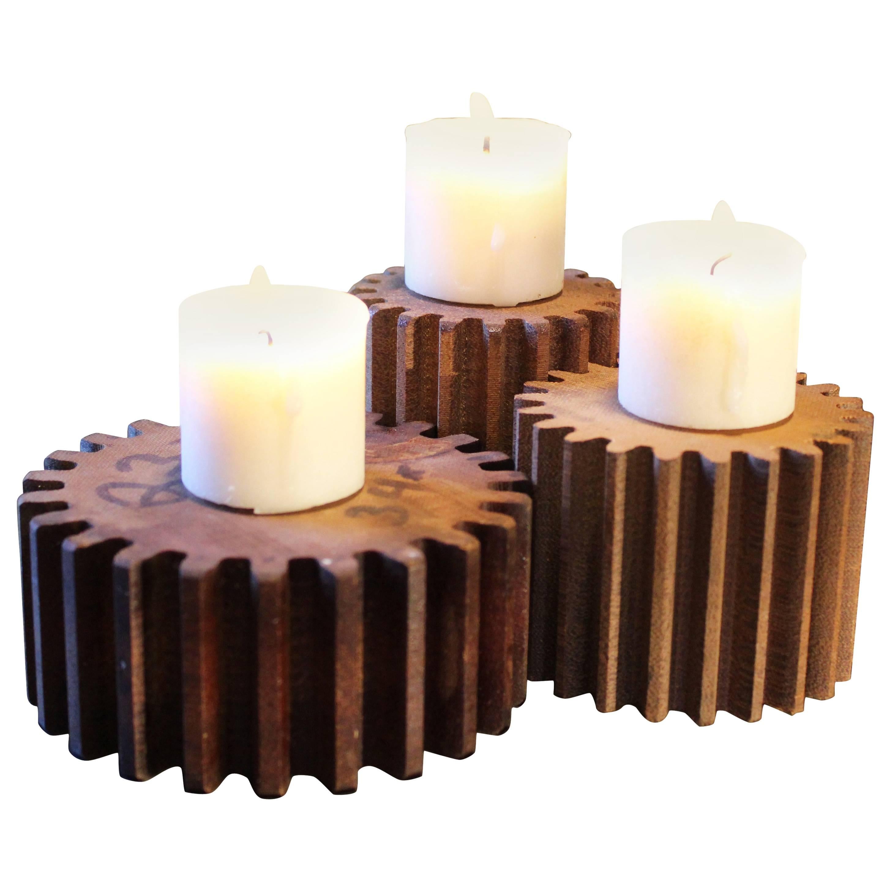 Vintage Industrial Machine Age Wooden Gear Molds Candle Stands Holders