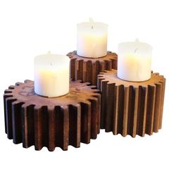 Antique Industrial Machine Age Wooden Gear Molds Candle Stands Holders