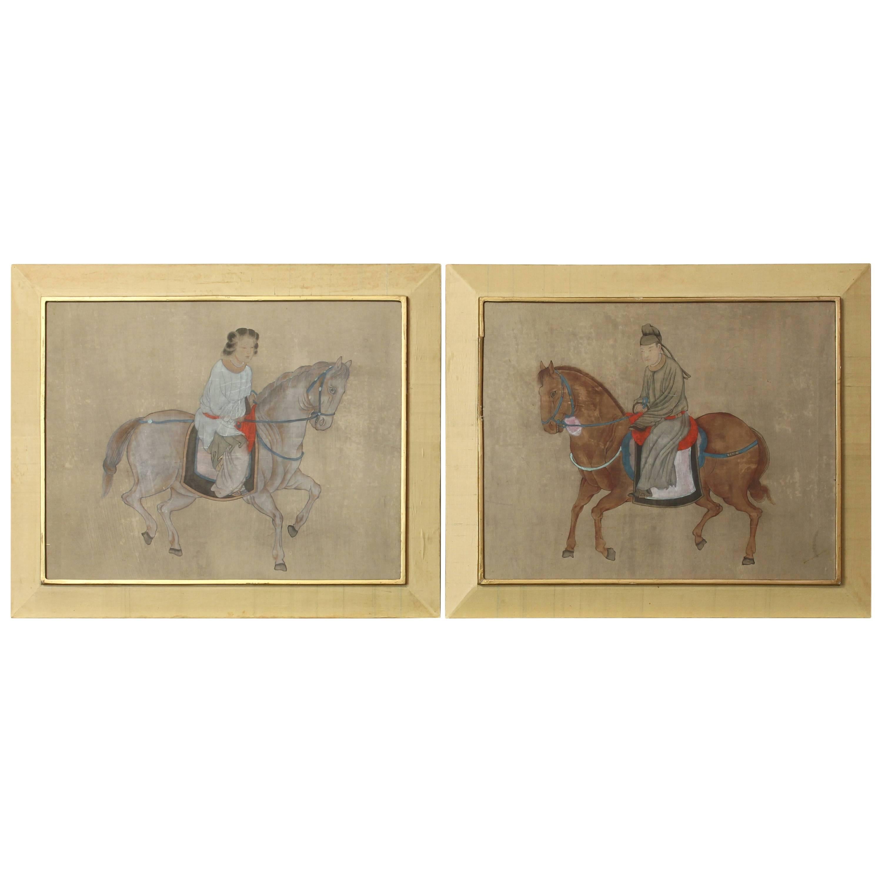 Companion Pair of Chinese Horse and Rider Paintings