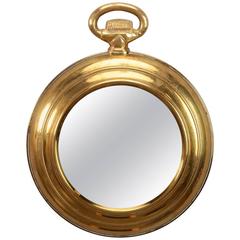 Vintage French Brass Pocket Watch Form Wall Mirror