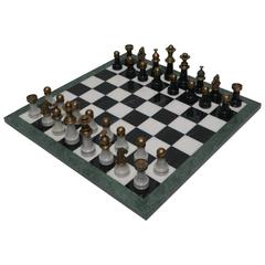 Modern Italian Black and White Marble and Brass Chess Game Set