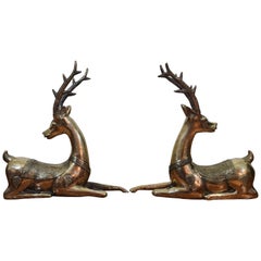 Antique Pair of Brass and Copper Recumbent Deer, 19th Century