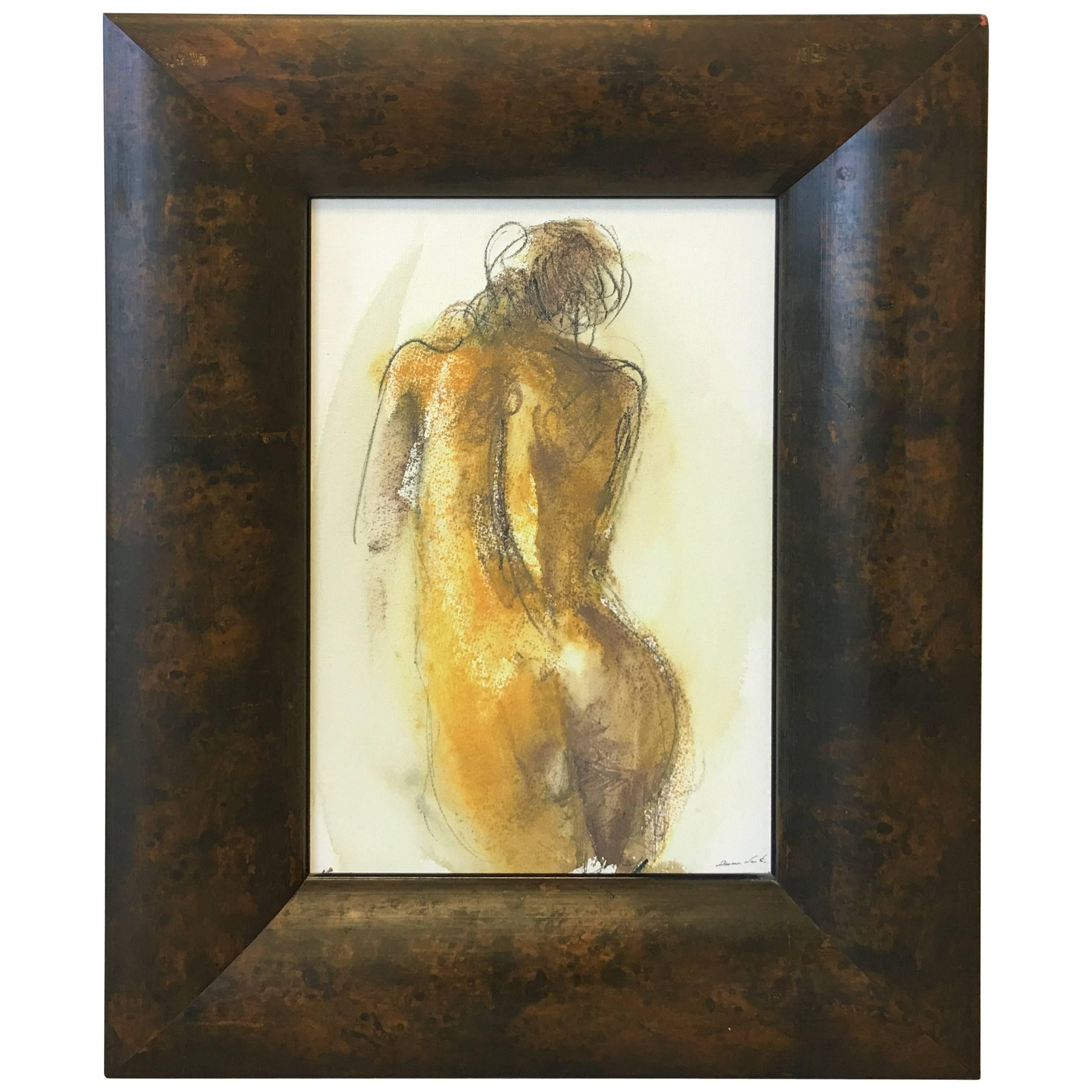Modern Female Nude Painting with Large Burl Wood Frame For Sale