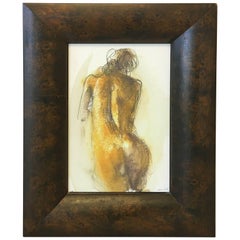 Modern Female Nude Painting with Large Burl Wood Frame