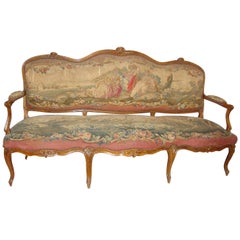 Vintage 18th Century Louis XV Fruitwood Settee in Aubusson Upholstery