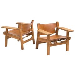 Pair of Spanish Chairs by Børge Mogensen in Oak and Cognac Leather