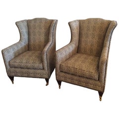 Pair Wingback Animal Print Chairs Nailhead Club Lounge Armchairs by Henredon