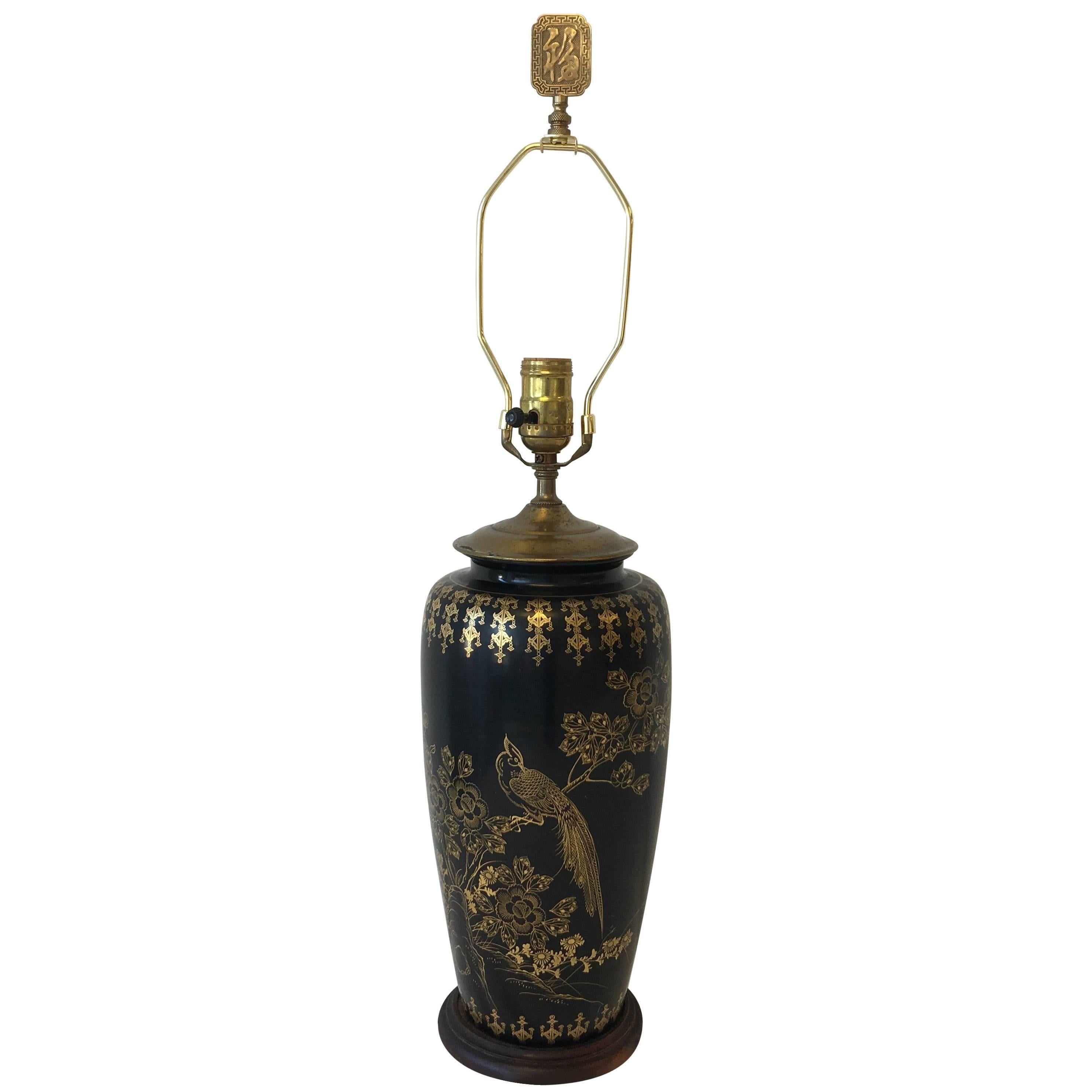 1950s Black and Gold Tole Table Lamp with Hand-Painted Peacock and Floral Motif For Sale