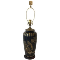 1950s Black and Gold Tole Table Lamp with Hand-Painted Peacock and Floral Motif