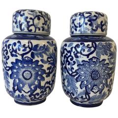Blue and White Floral Motif Ginger Jars, Pair