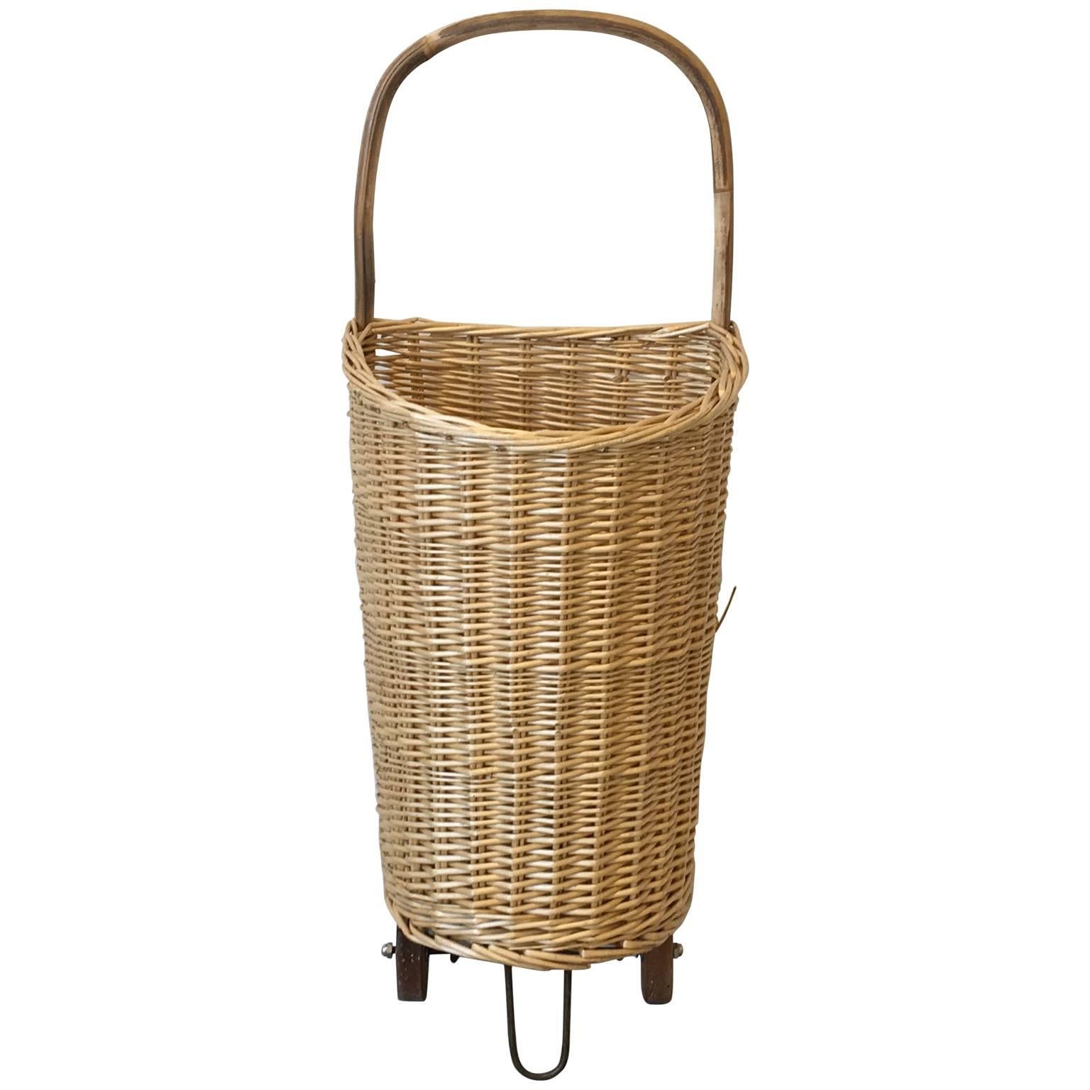 1960s English Market Cart Umbrella Stand with Wicker Basket and Bamboo Handle