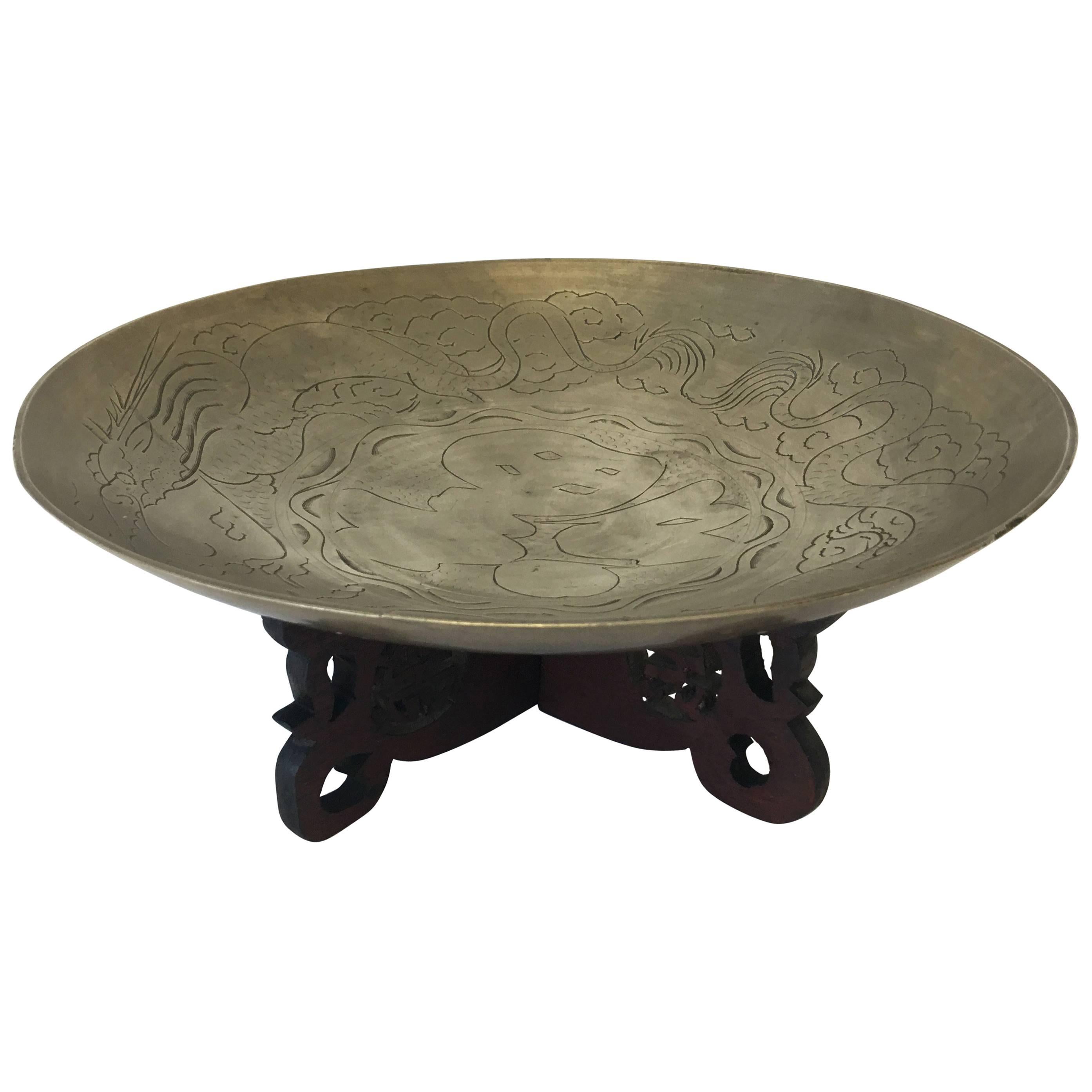 1960s Brass Chinoiserie Bowl with Dragon on Ornate Stand