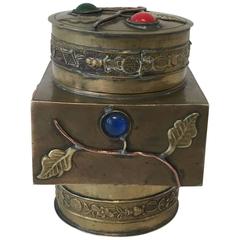 1960s Brass Asian Jewel Inlaid Lidded Canister
