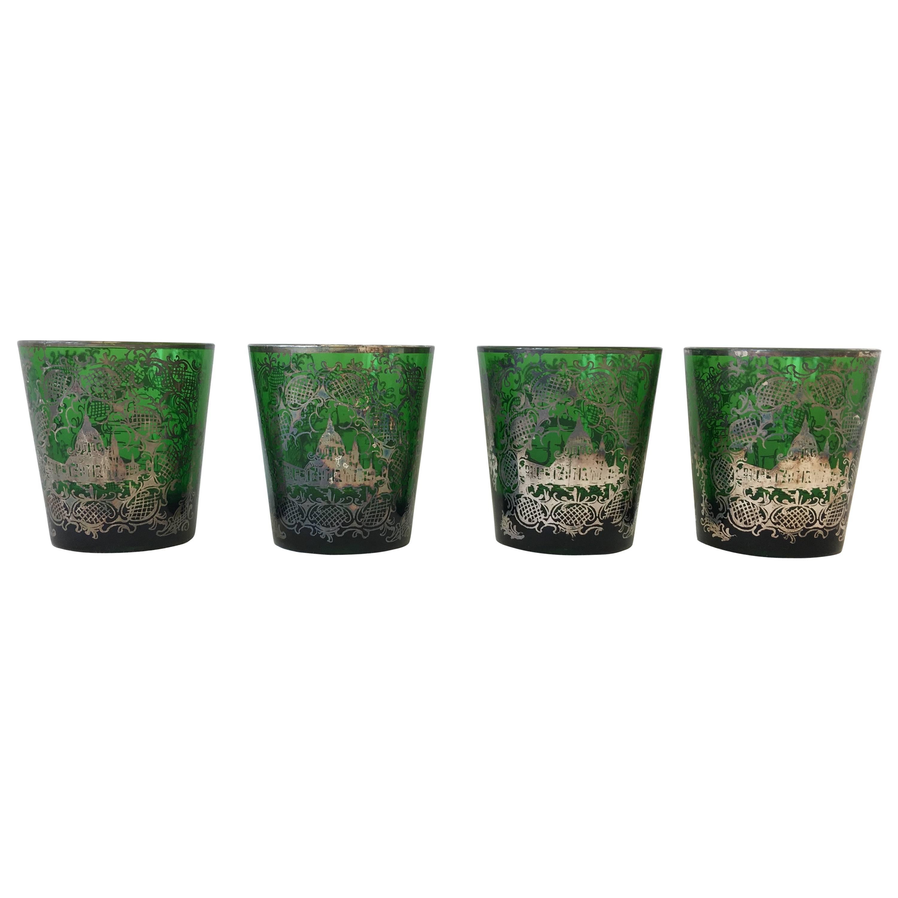 1940s Green and Silver Inlay Glasses or Candleholders, Set of Four