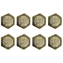 Vintage Brass Coasters with Asian Motif, Set of Eight