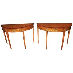 Pair of Hepplewhite Style Demilune Painted Console Tables Satinwood