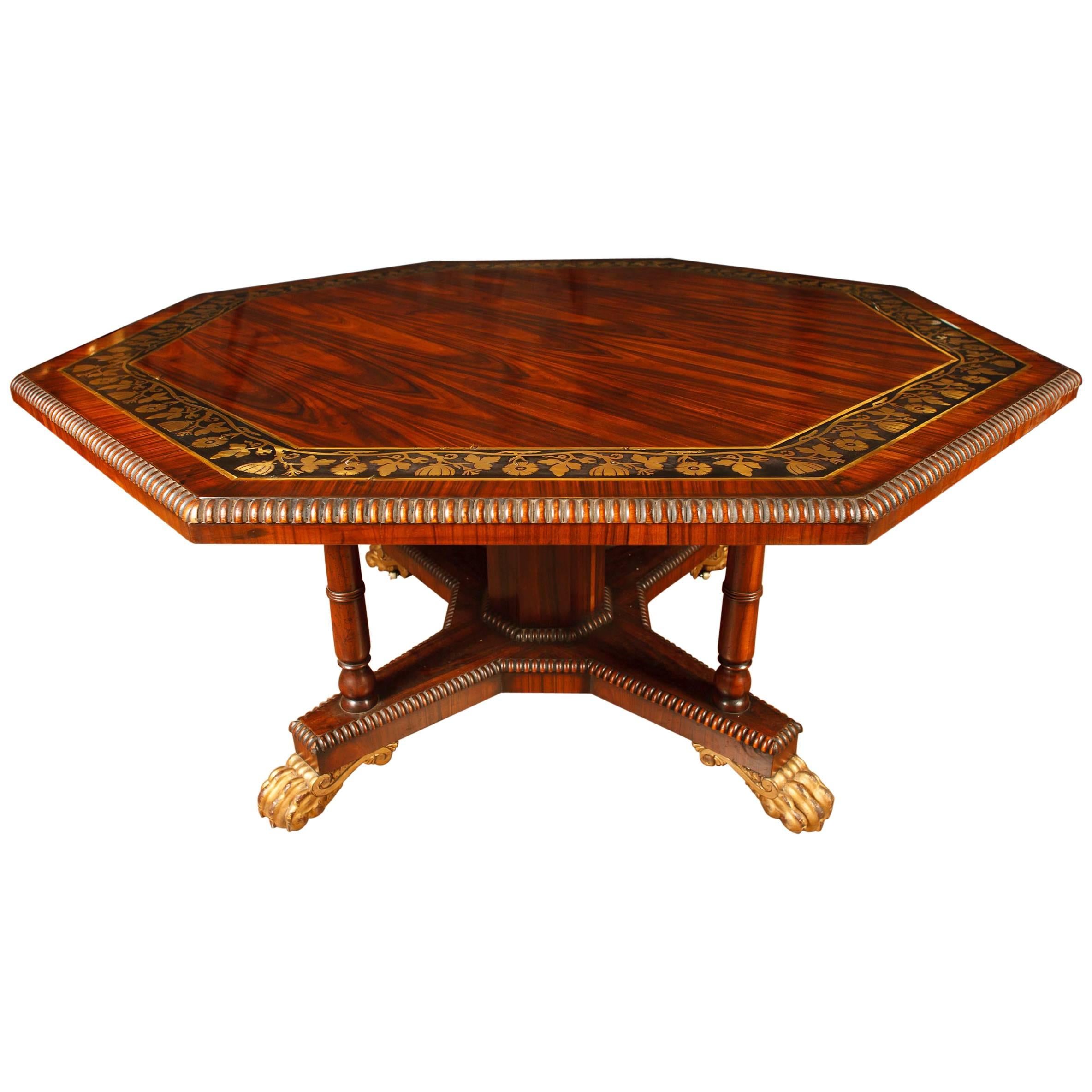 English Regency style Octagonal Centre Table Dining Brass Inlay For Sale
