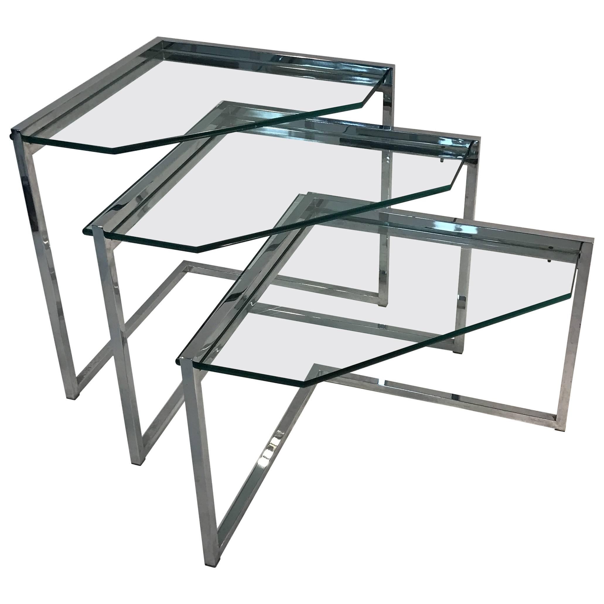 Stunning Set of Chrome and Glass Nesting Tables by Milo Baughman For Sale