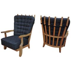 Pair of French Guillerme and Chambron High Back Lounge Chairs in Solid Oak