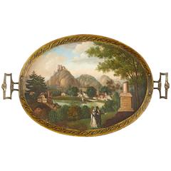 Deutsches Biedermeier Zinnpeintablett mit romantischer Landschaft und Allegorie der Liebe