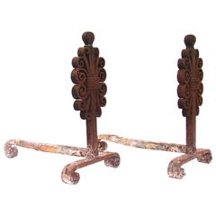Wrought Iron Pair of Andirons by Edgar Brandt, France, circa 1925