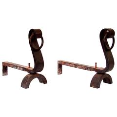 Wrought Iron Pair of Andirons by Jacques Adnet, France, circa 1940