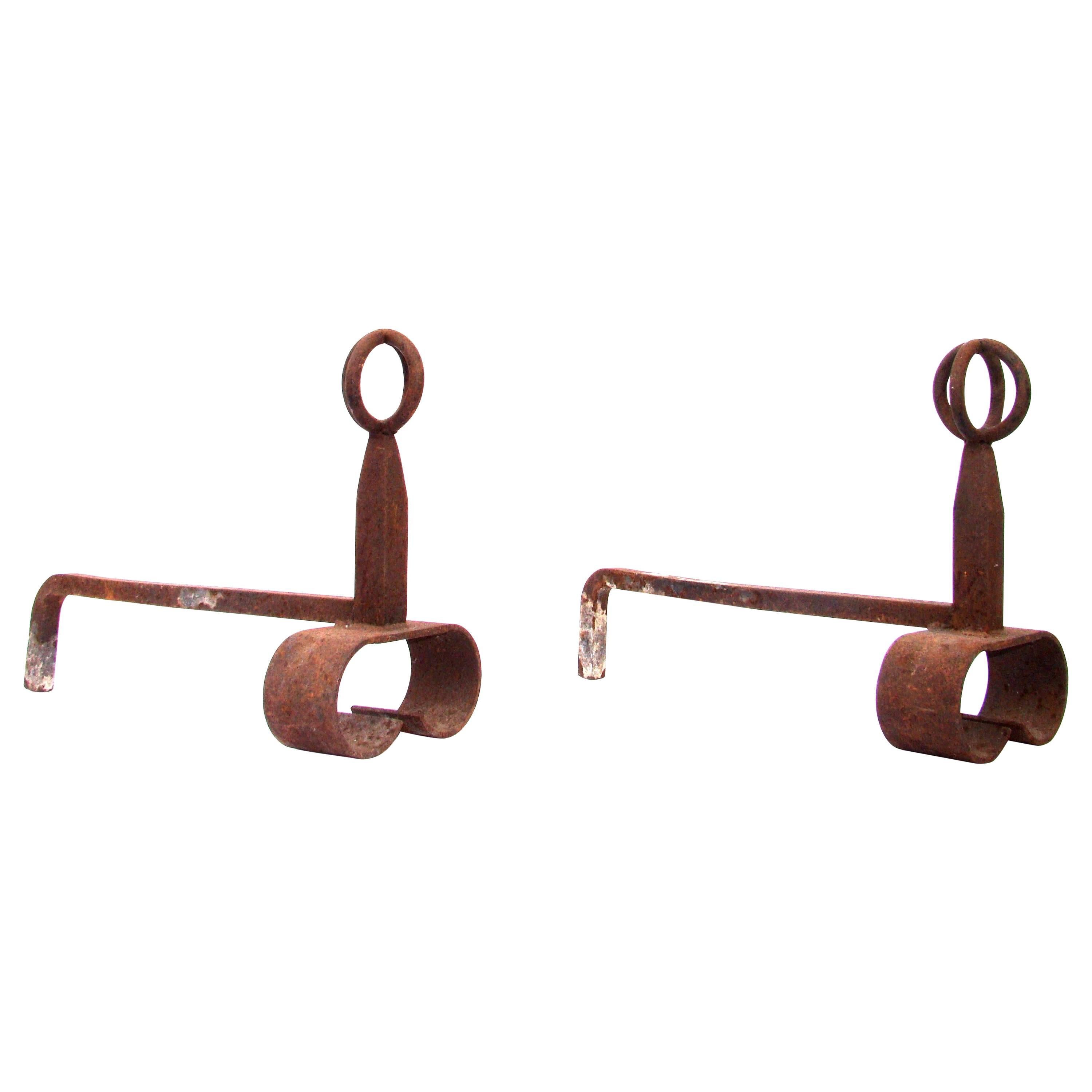Wrought Iron Pair of Andirons in the Style of Jacques Adnet, circa 1940 For Sale