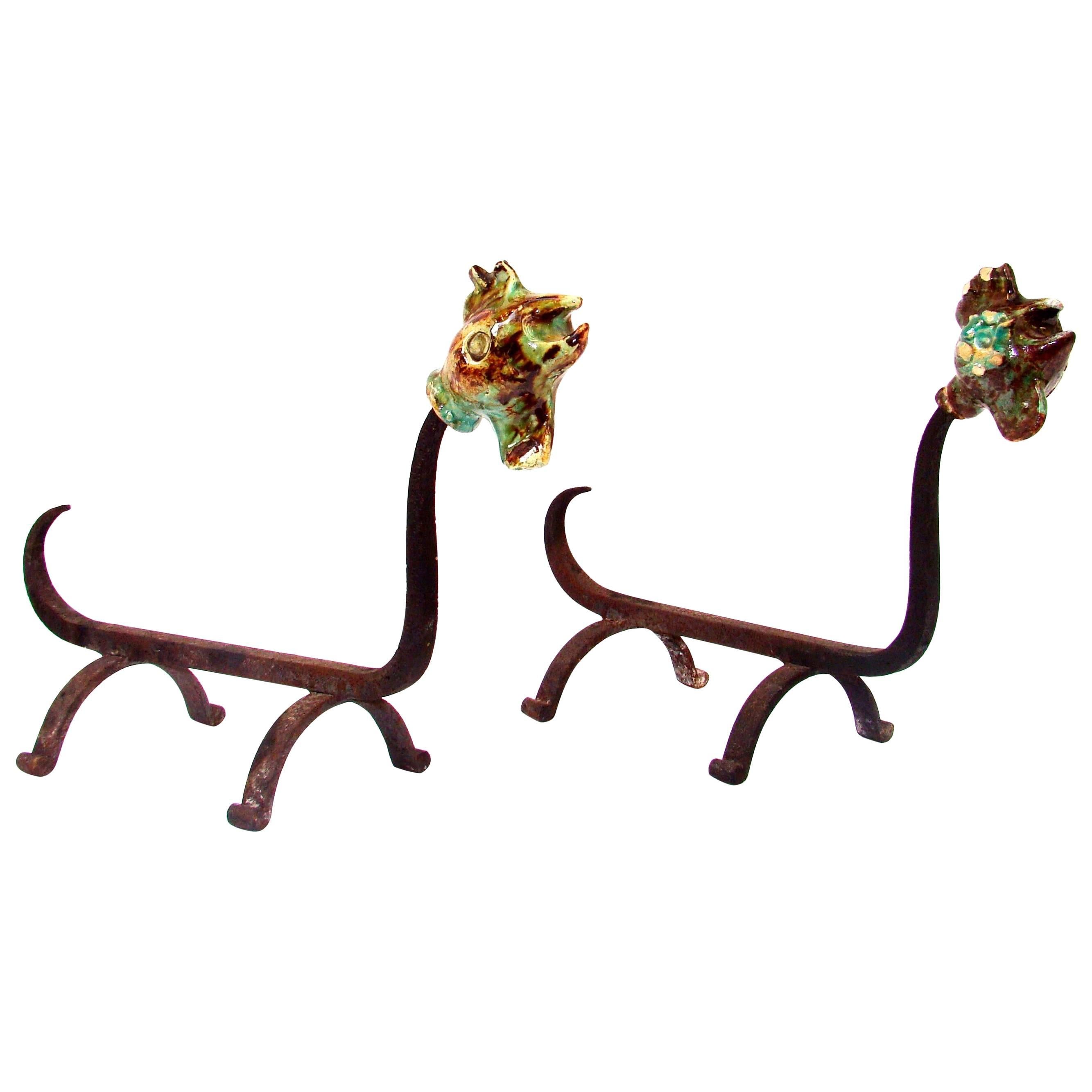 French Wrought Iron and Ceramics Pair of Andirons, France, circa 1950 For Sale