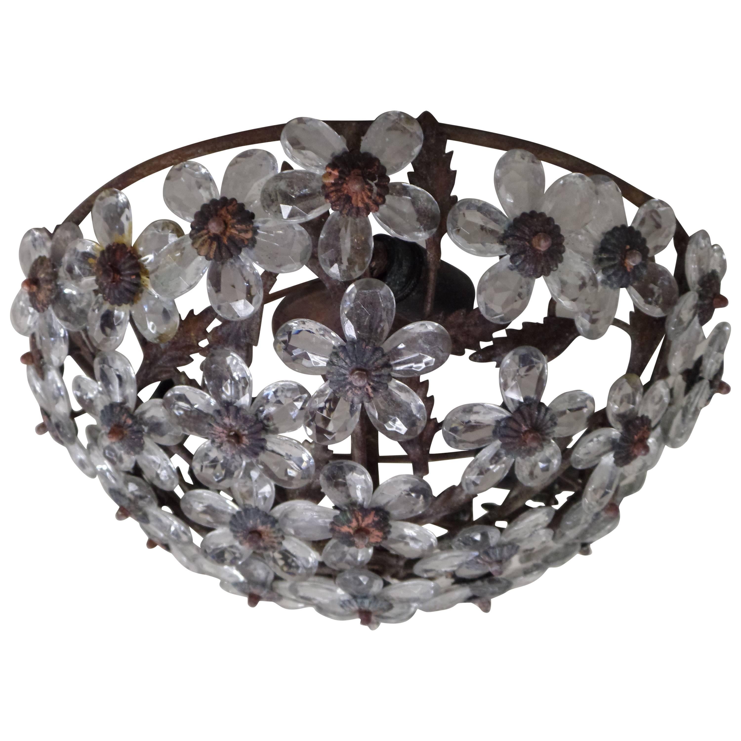 Italian Mid-Century Murano / Venetian Crystal / Glass Floral Flush Mount Fixture For Sale