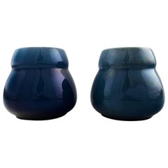 Pair of Rörstrand Art Deco Lidded Vases in Dark Blue Faience, Sweden, 1930-1940