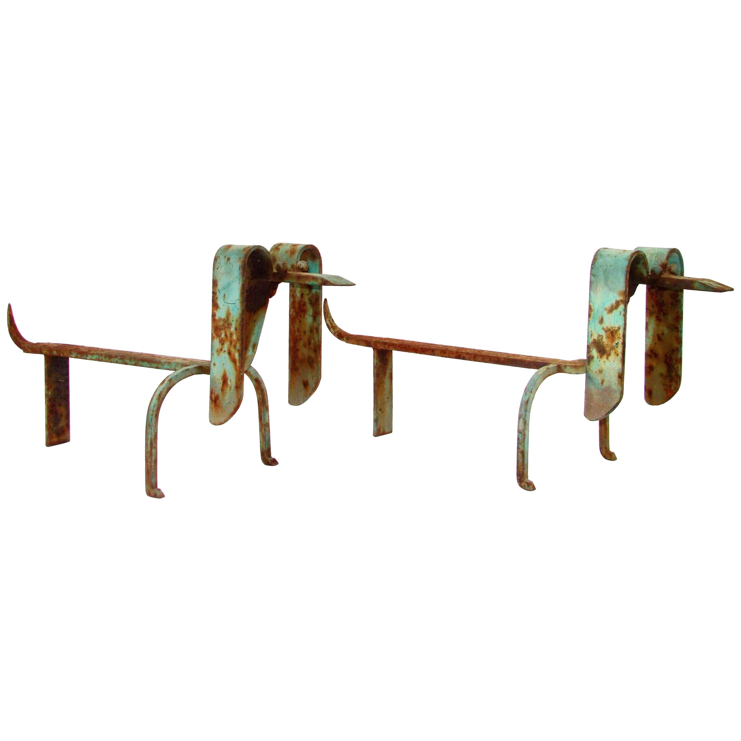 Wrought Iron Pair of Andirons in the Style of Edouard Schenck, circa 1950 For Sale