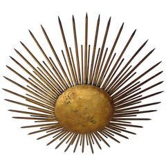 French 1940s Gilt Iron Modern Neoclassical 'Sunburst' Flush Mount or Pendant 1