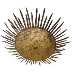 Vintage Large French Modern Neoclassical Gilt Iron Sunburst Flush Mount/ Pendant, 1940