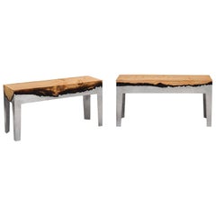 Aluminium and Tree Trunk Pair of Benches Signed by Hilla Shamia Design Studio