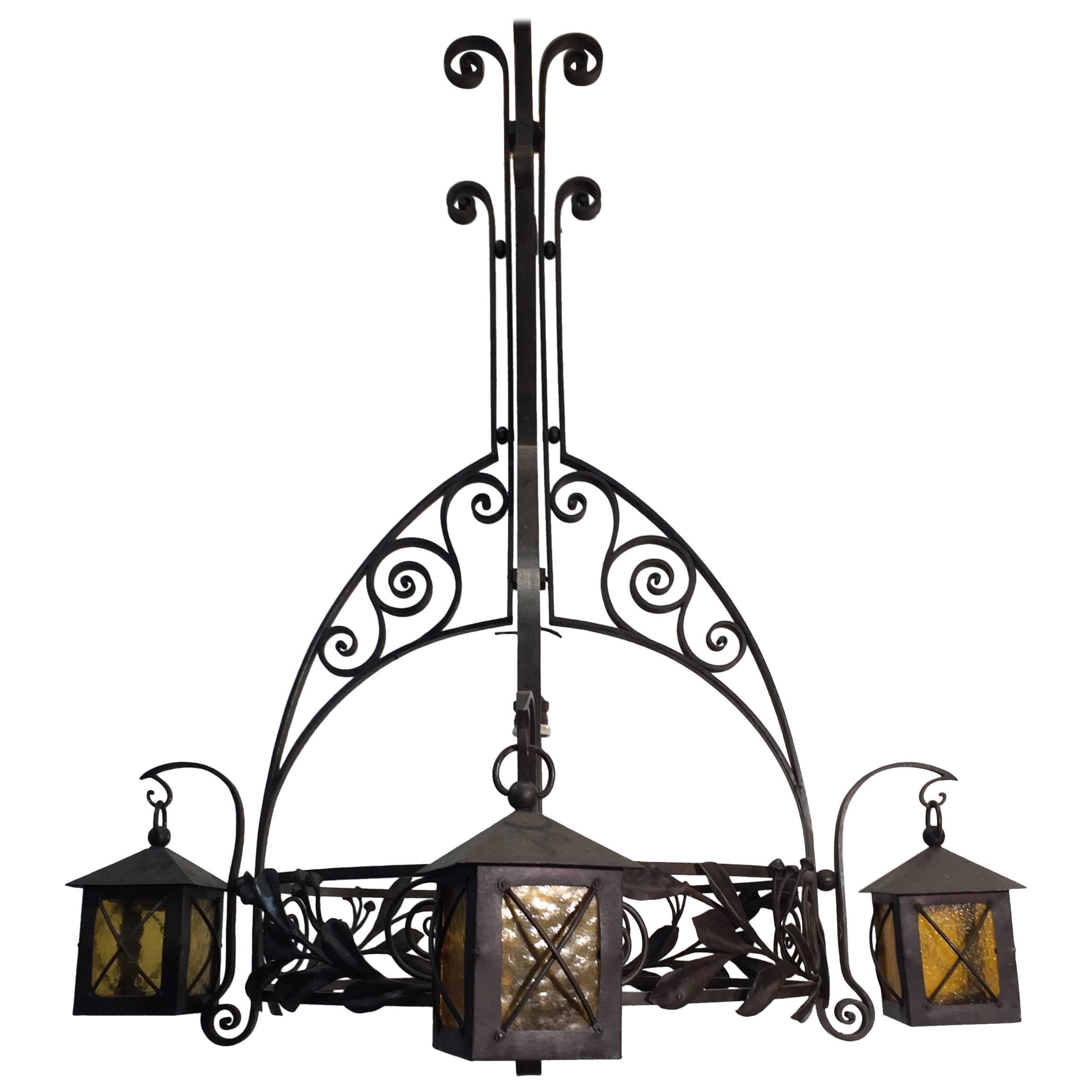Stunning Early Arts and Crafts Wrought Iron Chandelier by Francois Carion