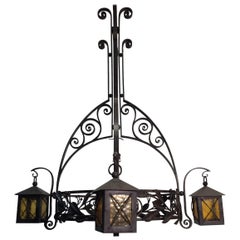 Large and Stunning Antique, Art Deco Wrought Iron Chandelier by Francois Carion