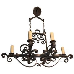 Antique Large Arts & Crafts Forged in Fire Wrought Iron Chandelier / Ceiling Lamp