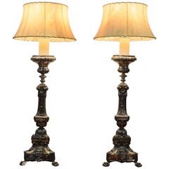 Pair of Large Italian Silvered Brass Candlestick Lamps, Louis XV/XVI Period