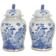 Pair of Chinese Export Style Blue and White Lidded Jars